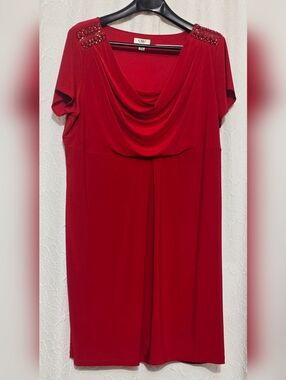 Cato Red Draped Cowl-Neck Midi Dress with Beaded Shoulders